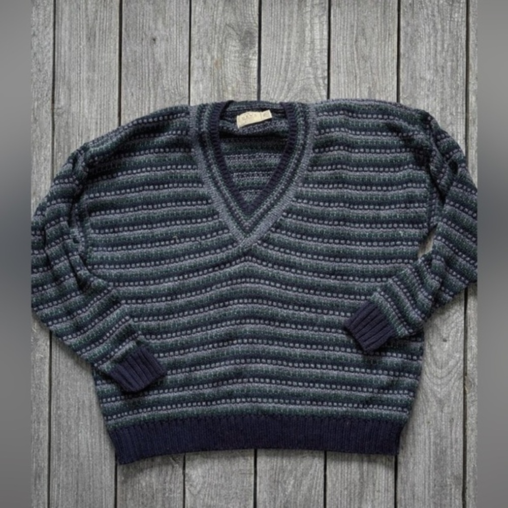 Vintage 90s Sears Men’s Store Striped V-Neck Sweater XXL Green Gray